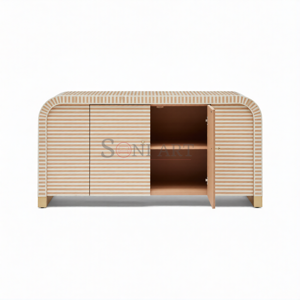 Sienna Stripe Bone Inlay Sideboard in Ivory Terracotta with Curved Edge Design 1 | Soni Art