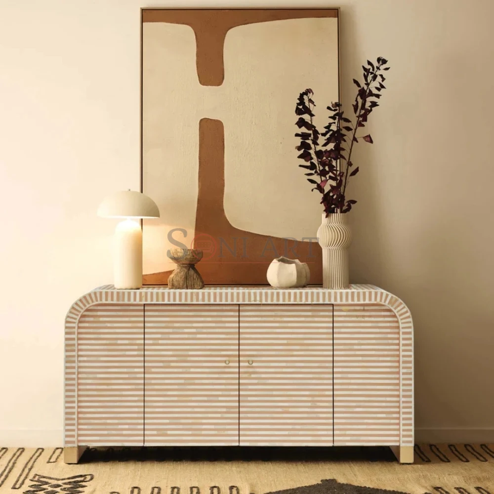 Sienna Stripe Bone Inlay Sideboard in Ivory & Terracotta with Curved Edge Design | Buy Inlay Sideboard Online | Buy Bone Inlay Sideboard Cabinet Online in India | Bone Inlay Furniture | Soni Art