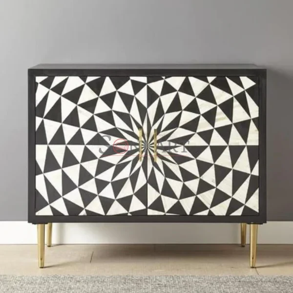 Noir Prism Bone Inlay Sideboard India | Black & White Geometric Cabinet Sideboard - Luxury Geometric Cabinet - Soni Art