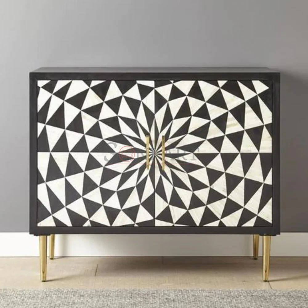 Noir Prism Bone Inlay Sideboard India | Black & White Geometric Cabinet Sideboard - Luxury Geometric Cabinet - Soni Art