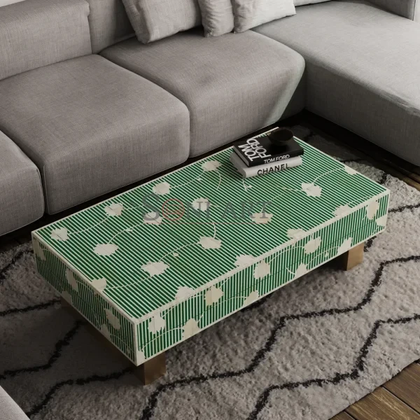 Verde Vine Bone Inlay Coffee Table in Green Stripe & Floral Pattern with Brass Base - Coffee Table for Living Room - Bone Inlay Coffee Table Online - Soni Art