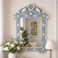 Indigo Bird Bone Inlay Wall Mirror - Blue & White | Mirror Frame with Mirror for Homes | Soni Art