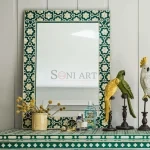 Emerald Geometric Bone Inlay Wall Mirror – Handcrafted Green & Ivory | Buy Bone Inlay Wall Mirror Online | Bone Inlay Furniture | Mirror Frames for Living Room | Soni Art