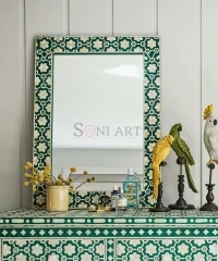 Emerald Geometric Bone Inlay Wall Mirror – Handcrafted Green & Ivory | Buy Bone Inlay Wall Mirror Online | Bone Inlay Furniture | Mirror Frames for Living Room | Soni Art
