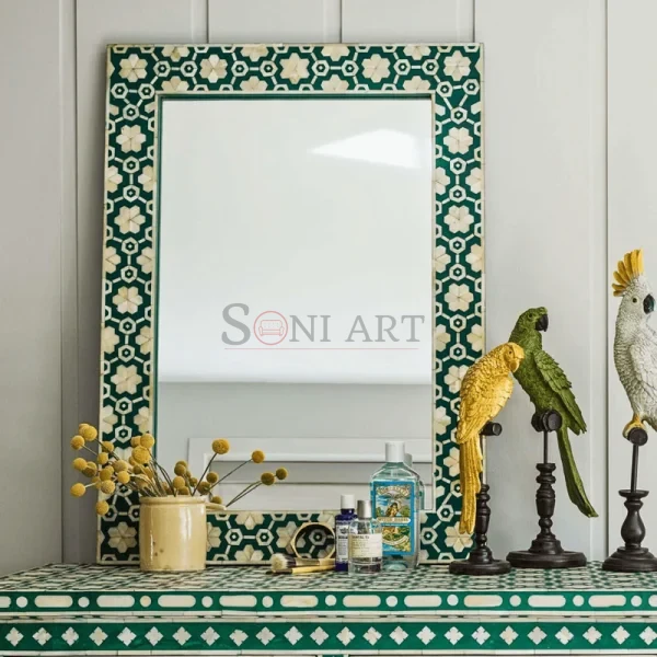 Emerald Geometric Bone Inlay Wall Mirror – Handcrafted Green & Ivory | Buy Bone Inlay Wall Mirror Online | Bone Inlay Furniture | Mirror Frames for Living Room | Soni Art