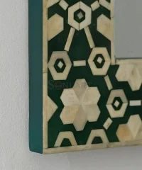 Emerald Geometric Bone Inlay Wall Mirror – Handcrafted Green & Ivory - Image 3