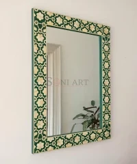 Emerald Geometric Bone Inlay Wall Mirror – Handcrafted Green & Ivory - Image 2