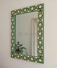 Emerald Geometric Bone Inlay Wall Mirror – Handcrafted Green & Ivory - Image 4