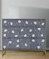 Indigo Stripe Floral Bone Inlay Chest of Drawers – Blue & White Cabinet