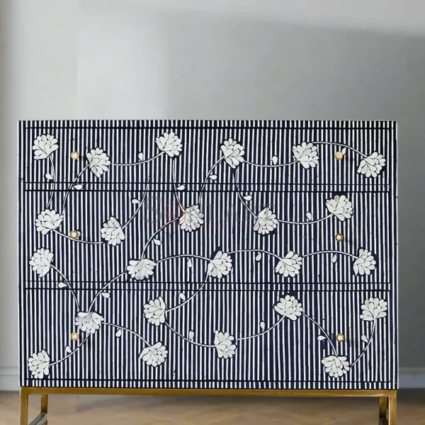 Indigo Stripe Floral Bone Inlay Chest of Drawers – Blue & White Cabinet