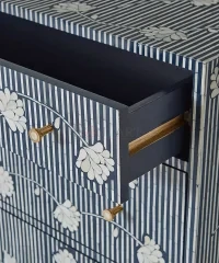 Indigo Stripe Floral Bone Inlay Chest of Drawers – Blue & White Cabinet - Image 2