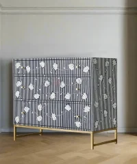 Indigo Stripe Floral Bone Inlay Chest of Drawers – Blue & White Cabinet - Image 4