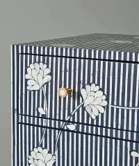 Indigo Stripe Floral Bone Inlay Chest of Drawers – Blue & White Cabinet - Image 6