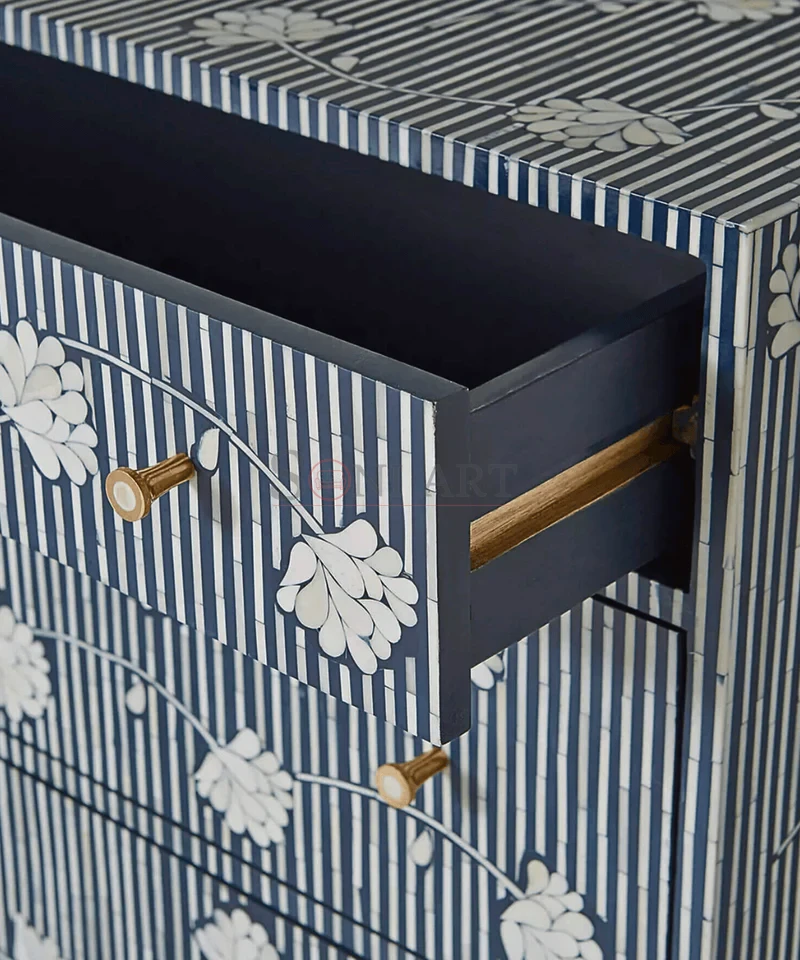 Indigo Stripe Floral Bone Inlay Chest of Drawers – Blue White Cabinet | Soni Art