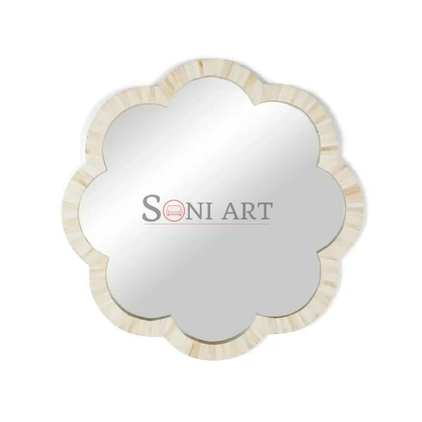 Ivory Petal Bone Inlay Scalloped Mirror – Handcrafted Decorative Wall Mirror | Bone Inlay Wall Mirror | Wall Mirror for Living Room | Soni Art