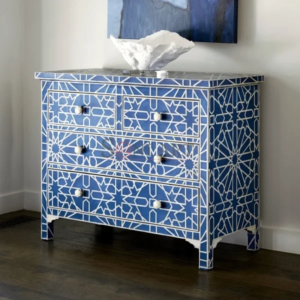 Jaipur Azure Star Blue Bone Inlay Chest of Drawers – Geometric Design | Bone Inlay Chest of Drawers | Chest of Drawers for Living Room | Bone Inlay Furniture | Soni Art