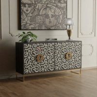 Noir Mosaic Bone Inlay Sideboard in Black & Ivory Abstract Pattern with Brass Base - Image 3