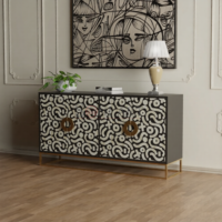 Noir Mosaic Bone Inlay Sideboard in Black & Ivory Abstract Pattern with Brass Base - Image 4