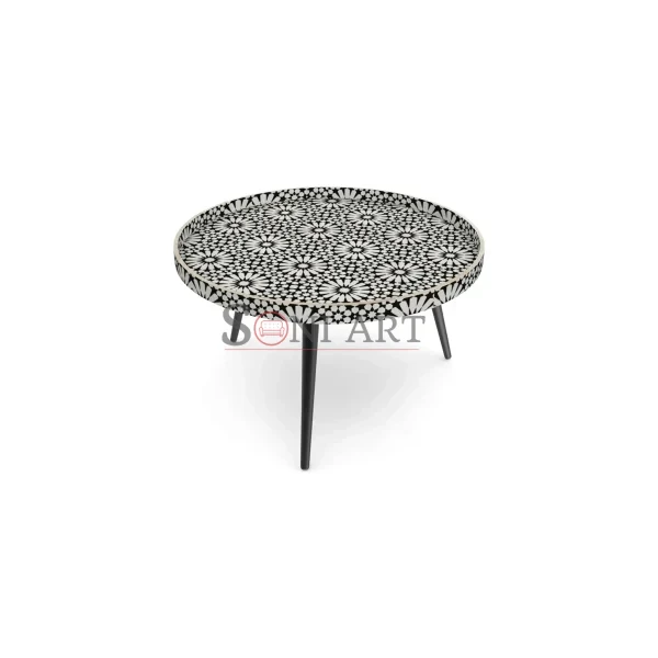 Noir Mosaic Round Bone Inlay Coffee Table – Black & White | Bone Inlay Coffee Table | Round Coffee Table | Soni Art