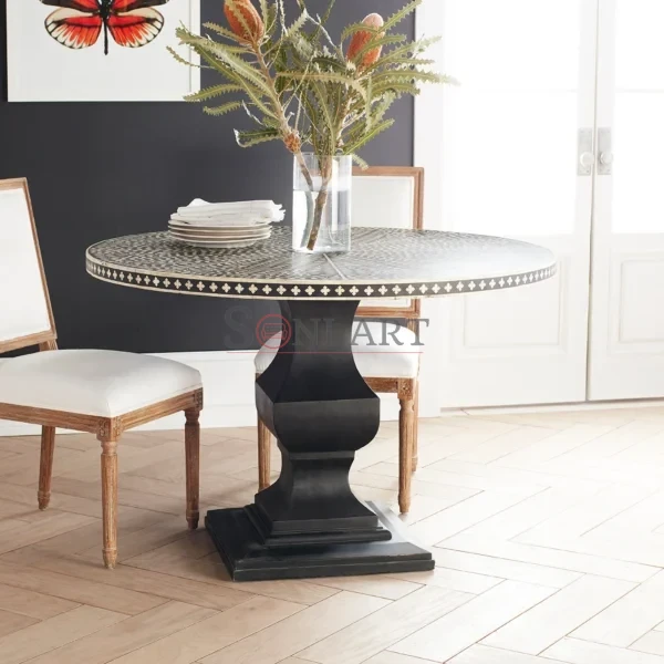 Noir Royale Black Bone Inlay Round Dining Table – Luxury Pedestal Base | Round Dining Table | Buy Bone Inlay Dining Table Online | Soni Art