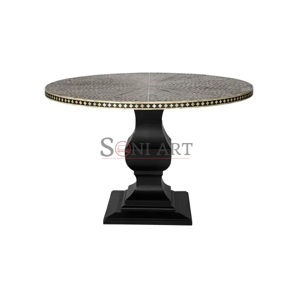 Noir Royale Black Bone Inlay Round Dining Table – Luxury Pedestal Base | Round Dining Table | Buy Bone Inlay Dining Table Online | Soni Art
