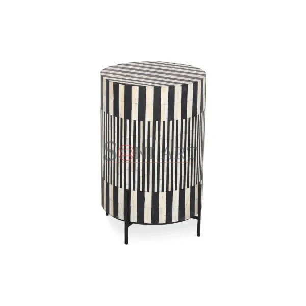 Noir Stripe Round Bone Inlay Side Table – Black & White | Round Side Tables in India | Bone Inlay Side Table | Soni Art