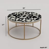Noir Orb Round Bone Inlay Coffee Table in Black & White Geometric Design with Gold Base - Image 3
