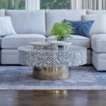 Azure Lattice Bone Inlay Round Coffee Table with Brass Base
