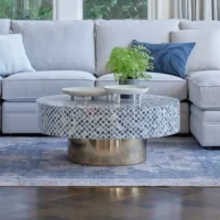 Azure Lattice Bone Inlay Round Coffee Table with Brass Base