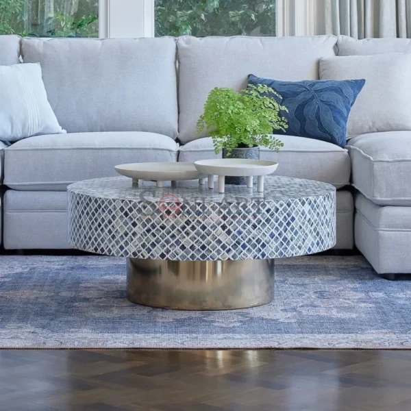 Azure Lattice Bone Inlay Round Coffee Table with Brass Base