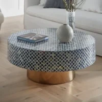 Azure Lattice Bone Inlay Round Coffee Table with Brass Base - Image 3