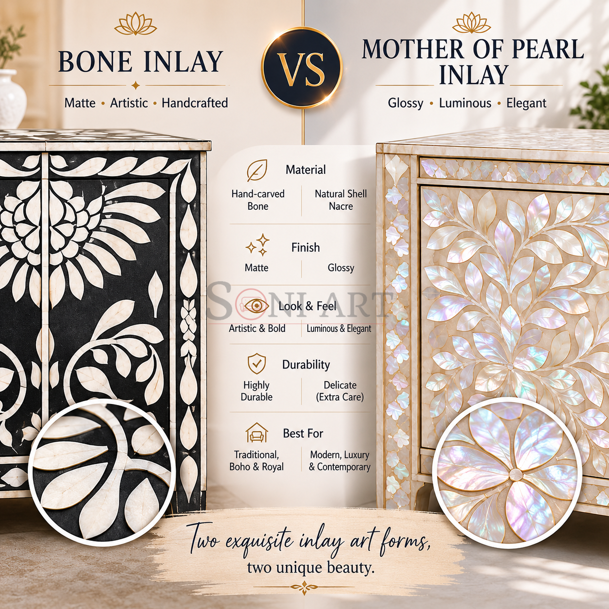 Bone Inlay Furniture vs Mother of Pearl Furniture | Difference Between Bone Inlay Furniture & Mother of Pearl Furniture