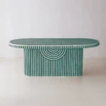Emerald Arc Bone Inlay Dining Table | Emerald Arc Bone Inlay Oval Dining Table – Handcrafted Statement Dining Furniture | Green Bone Inlay Dining Table | Oval Luxury Dining Table India | Bone Inlay Furniture