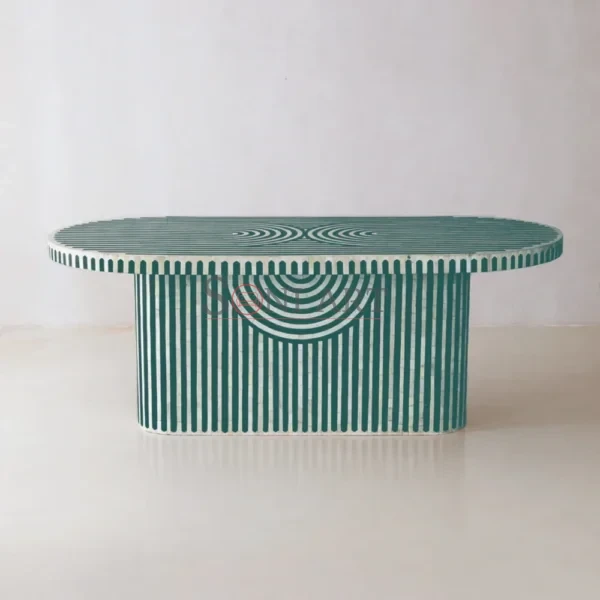 Emerald Arc Bone Inlay Dining Table | Emerald Arc Bone Inlay Oval Dining Table – Handcrafted Statement Dining Furniture | Green Bone Inlay Dining Table | Oval Luxury Dining Table India | Bone Inlay Furniture