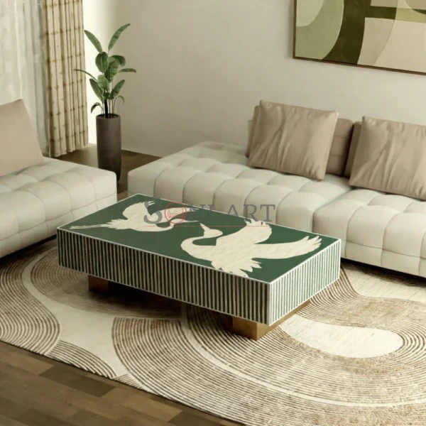 Emerald Crane Bone Inlay Coffee Table | Rectangular Bone Inlay Coffee Table | Bone Inlay Furniture | Soni Art