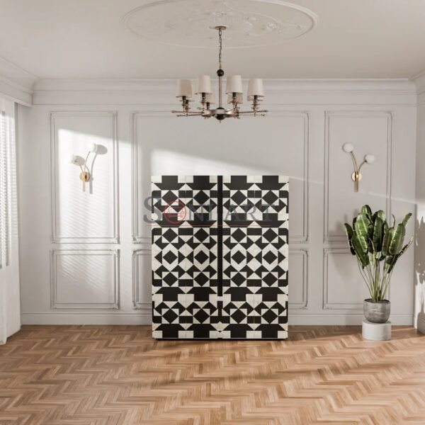 Kensington Prism Bone Inlay Cabinet – Black & White Geometric Luxury Storage Unit | Bone Inlay Wardrobe | Bone Inlay Storage Furniture | Storage Unit by Soni Art