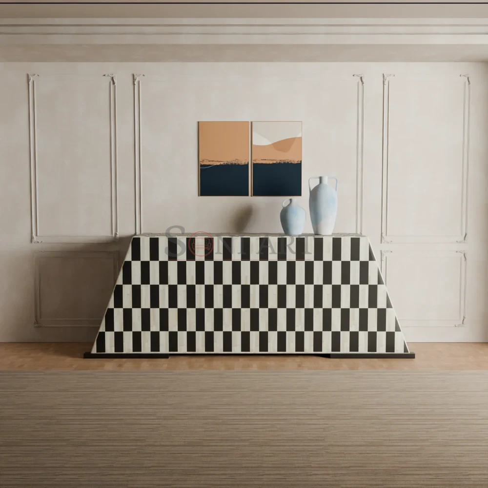 Monochrome Prism Bone Inlay Console Table | Entryway Console Table for Living Room | Solid Wood Console Table | Soni Art