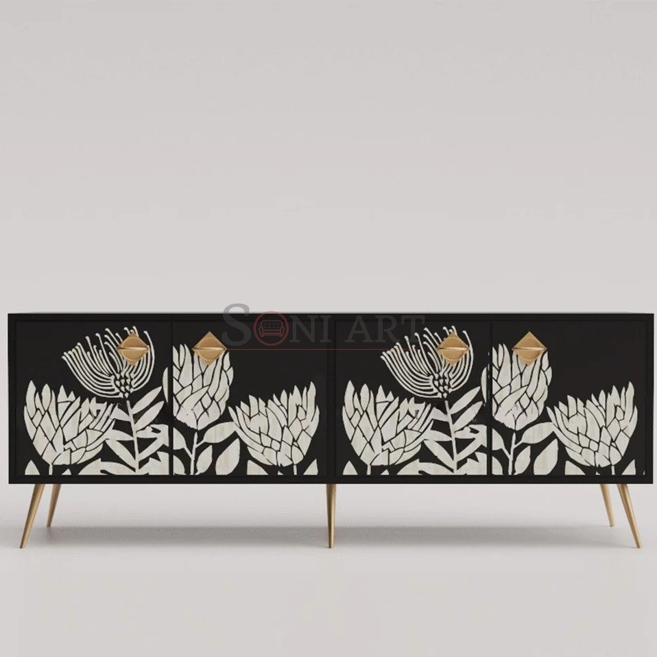Buy Premium Solid Wood Furniture Online In India At Best Prices | Sheesham Wood Furniture Manufacturers | Soni Art Noir Botanica Bone Inlay TV Console 1 | Soni Art