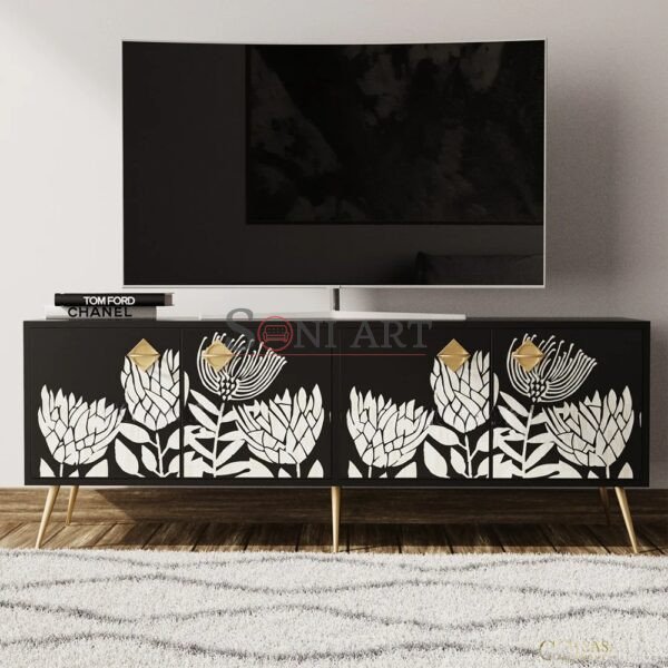 Noir Botanica Bone Inlay TV Console | Bone Inlay TV Unit | Bone Inlay Furniture | Soni Art