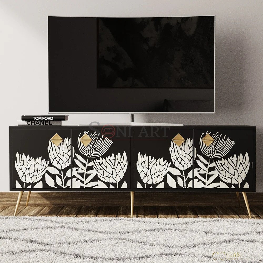 Noir Botanica Bone Inlay TV Console | Bone Inlay TV Unit | Bone Inlay Furniture | Soni Art