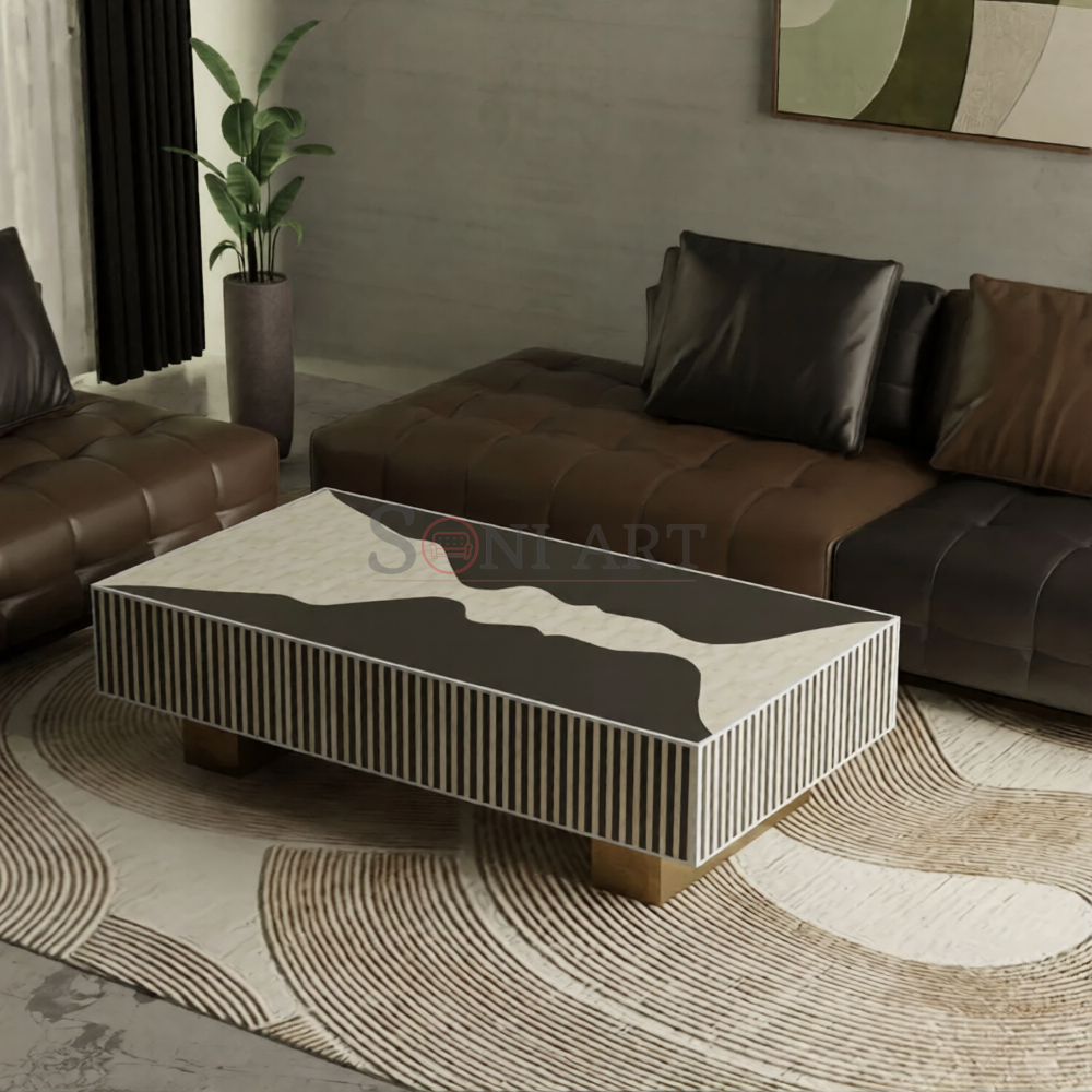 Noir Wave Bone Inlay Coffee Table Noir Wave Bone Inlay Coffee Table – Handcrafted Black & Ivory Designer Center Table | Bone Inlay Coffee Table | Bone Inlay Furniture | Soni Art