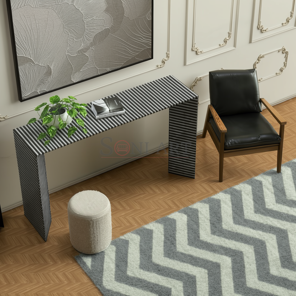 Obsidian Strata Bone Inlay Console Table – Black Geometric Stripe Luxury Entryway Table 1 | Soni Art