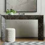 Obsidian Strata Bone Inlay Console Table – Black Geometric Stripe Luxury Entryway Table | Entryway Console Table | Bone Inlay Console Table | Soni Art | Bone Inlay Furniture