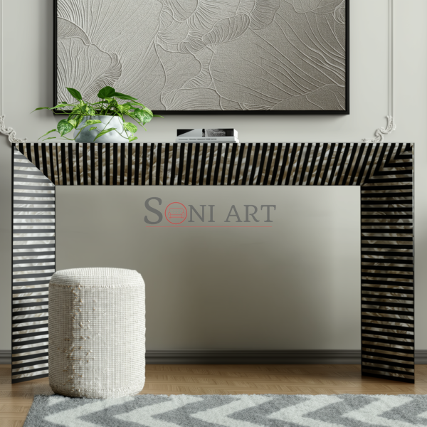 Obsidian Strata Bone Inlay Console Table – Black Geometric Stripe Luxury Entryway Table | Entryway Console Table | Bone Inlay Console Table | Soni Art | Bone Inlay Furniture