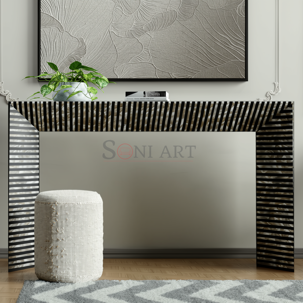 Obsidian Strata Bone Inlay Console Table – Black Geometric Stripe Luxury Entryway Table | Entryway Console Table | Bone Inlay Console Table | Soni Art | Bone Inlay Furniture
