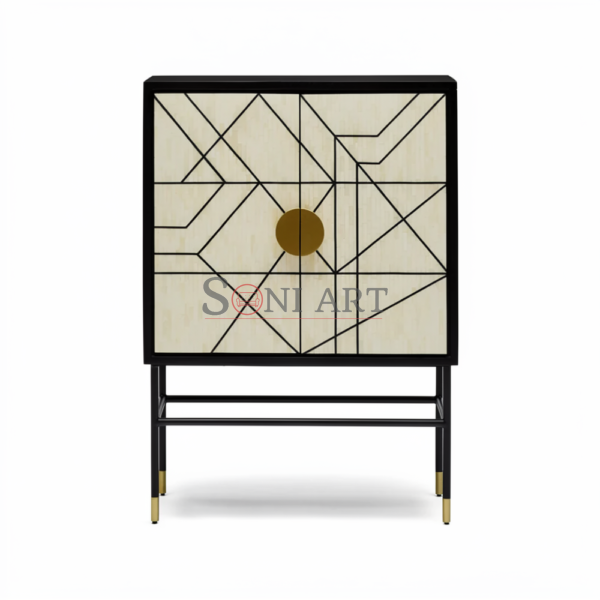 Orion Linea Bone Inlay Cabinet – Black & Ivory Geometric Luxury Accent Cabinet | Bone Inlay Cabinet for Living Room | Storage Cabinet for Home | Soni Art
