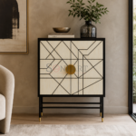 Orion Linea Bone Inlay Cabinet – Black & Ivory Geometric Luxury Accent Cabinet | Bone Inlay Cabinet for Living Room | Storage Cabinet for Home | Soni Art