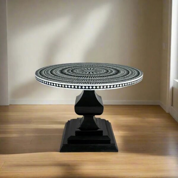 Black and White Geometric Bone Inlay Round Dining Table